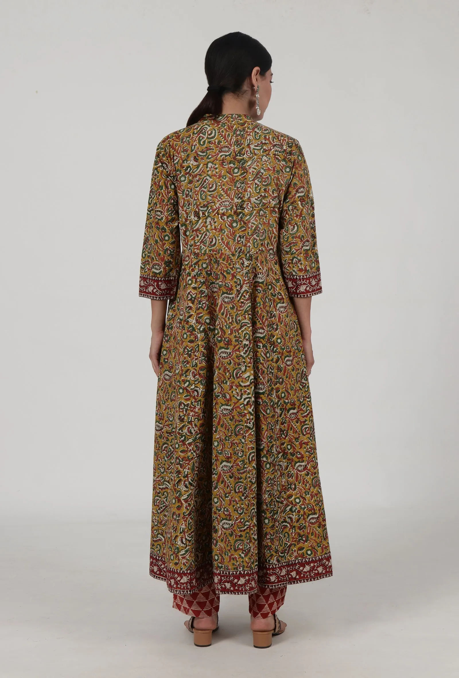 Set Of 3: Ajrakh Printed Yellow Cotton Anarkali, Red Pant & Dupatta Set