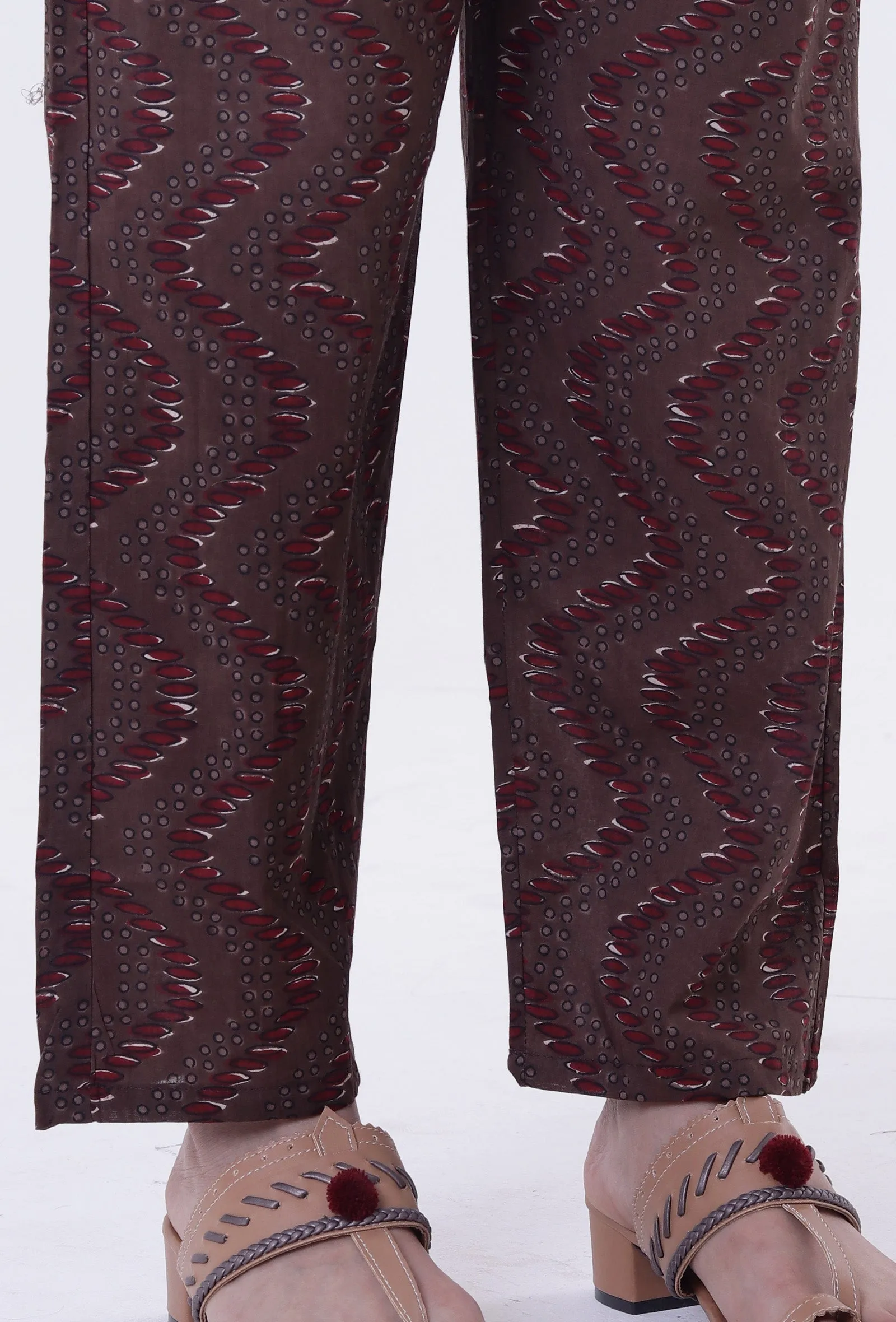 Set Of 3: Woody Brown & White Cotton Block Printed Kurta, Pant & Dupatta