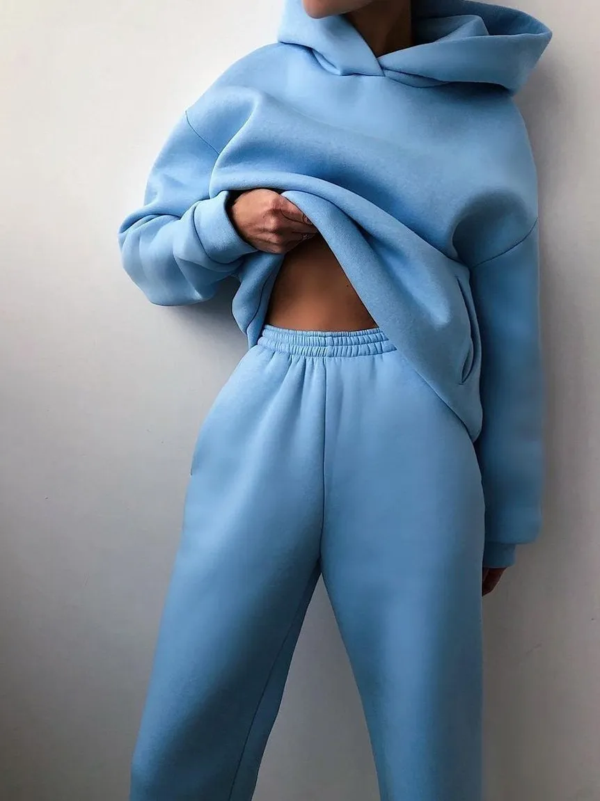 Sets Long Sleeve Hoodie & Trousers Solid Two-Piece Suit for Women