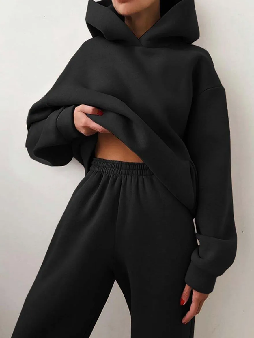 Sets Long Sleeve Hoodie & Trousers Solid Two-Piece Suit for Women