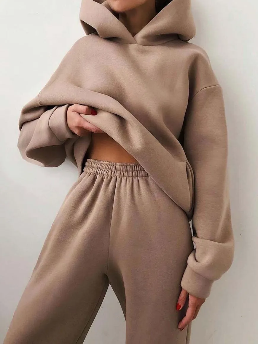 Sets Long Sleeve Hoodie & Trousers Solid Two-Piece Suit for Women