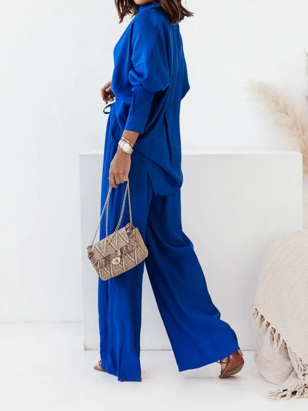 Sets Long Sleeve Shirt & Belted Pants Two Piece Set for Women