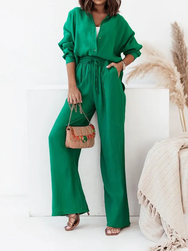 Sets Long Sleeve Shirt & Belted Pants Two Piece Set for Women