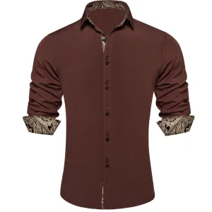 Ties2you Dress Shirt for Men Solid Penny Brown Splicing Silk Long Sleeve Shirt