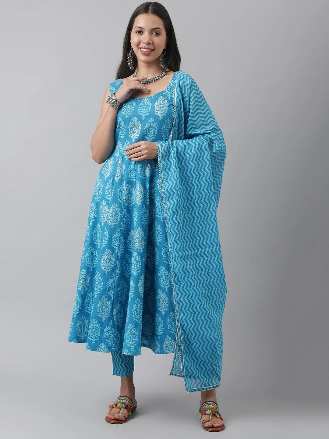 Turquoise Blue Floral Cotton Anarkali Kurta Pant Set With Dupatta