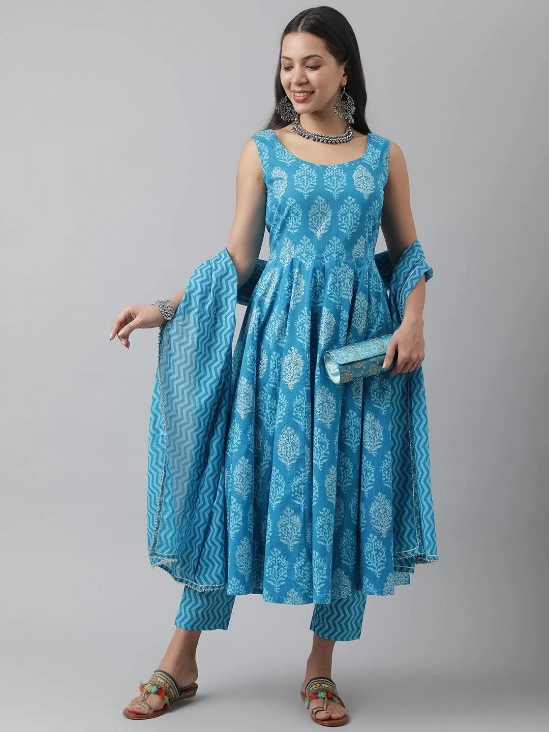 Turquoise Blue Floral Cotton Anarkali Kurta Pant Set With Dupatta