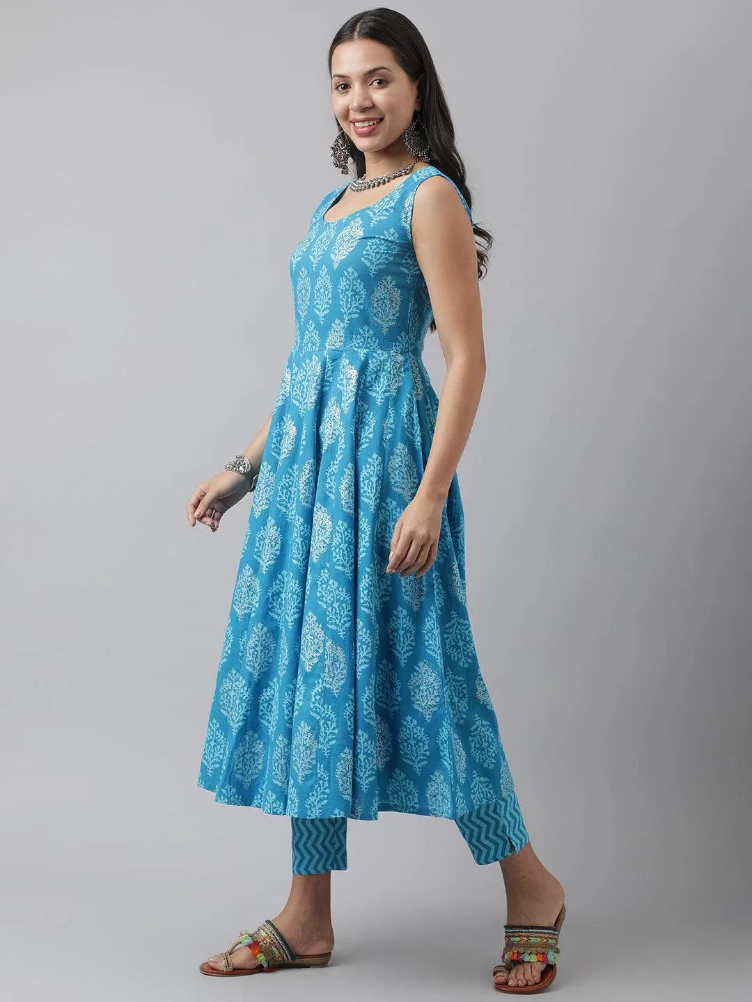 Turquoise Blue Floral Cotton Anarkali Kurta Pant Set With Dupatta