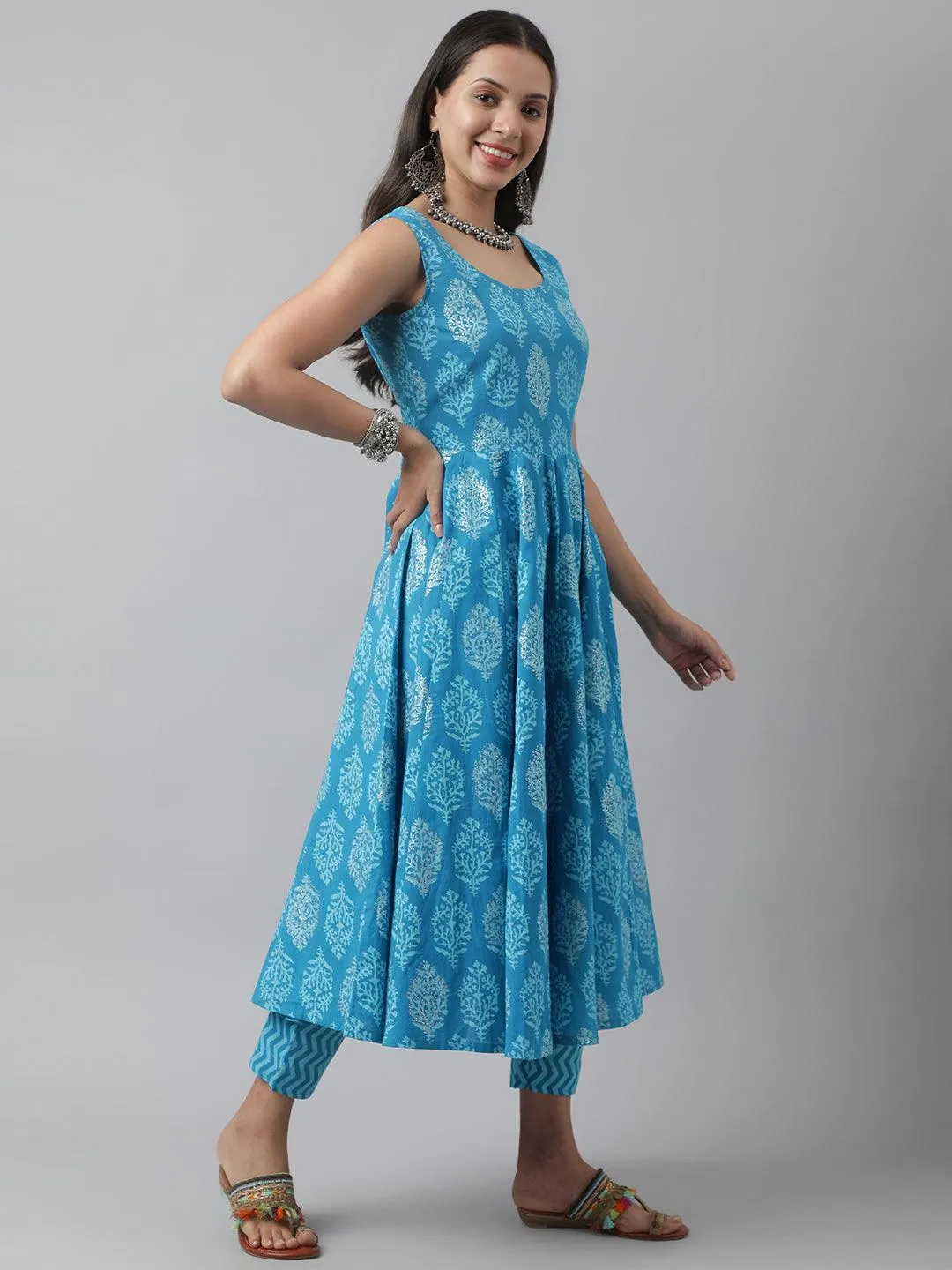 Turquoise Blue Floral Cotton Anarkali Kurta Pant Set With Dupatta