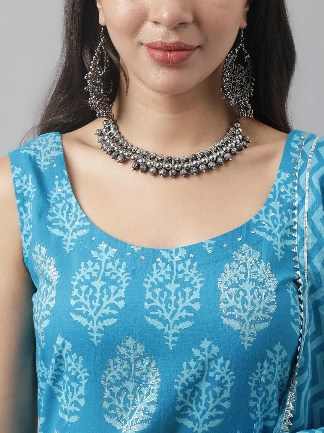 Turquoise Blue Floral Cotton Anarkali Kurta Pant Set With Dupatta