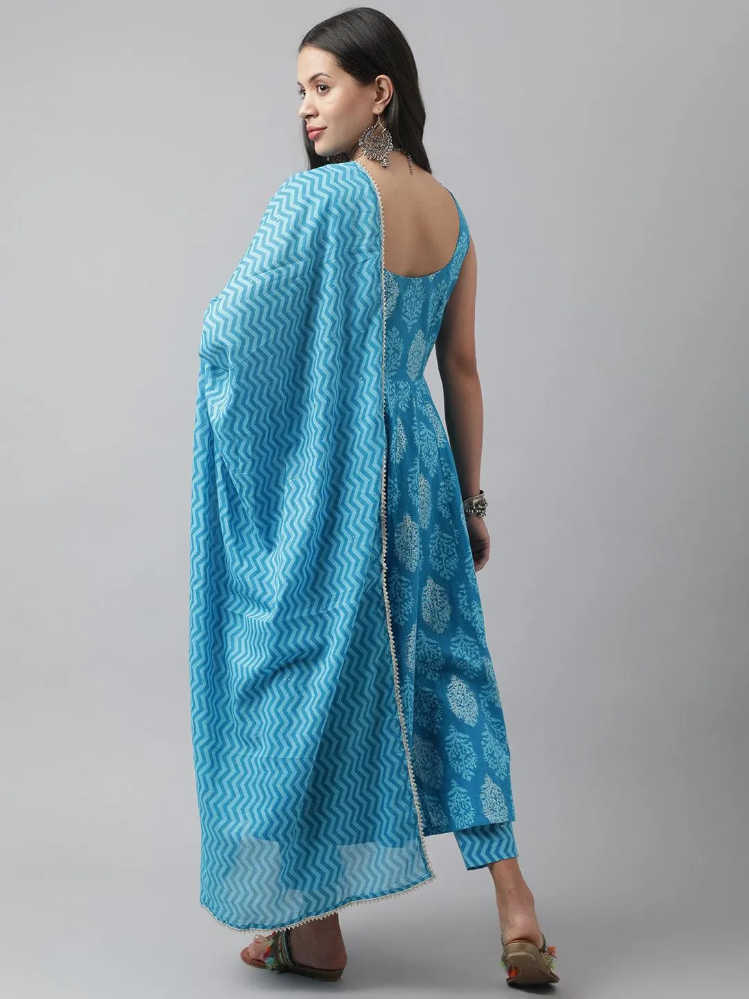 Turquoise Blue Floral Cotton Anarkali Kurta Pant Set With Dupatta