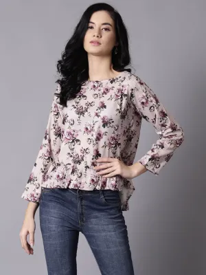 Women Beige Casual Printed Round Neck Top