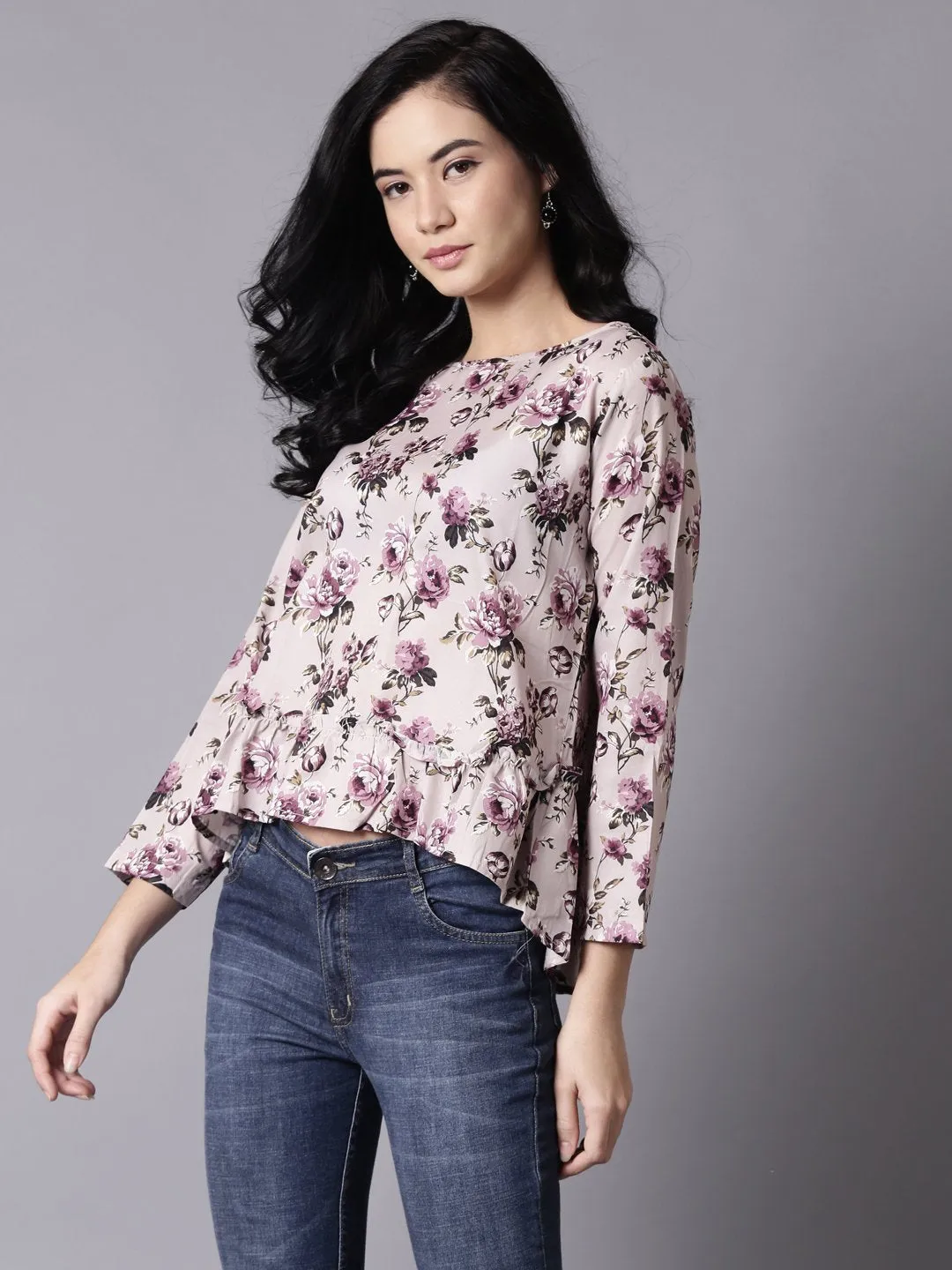 Women Beige Casual Printed Round Neck Top