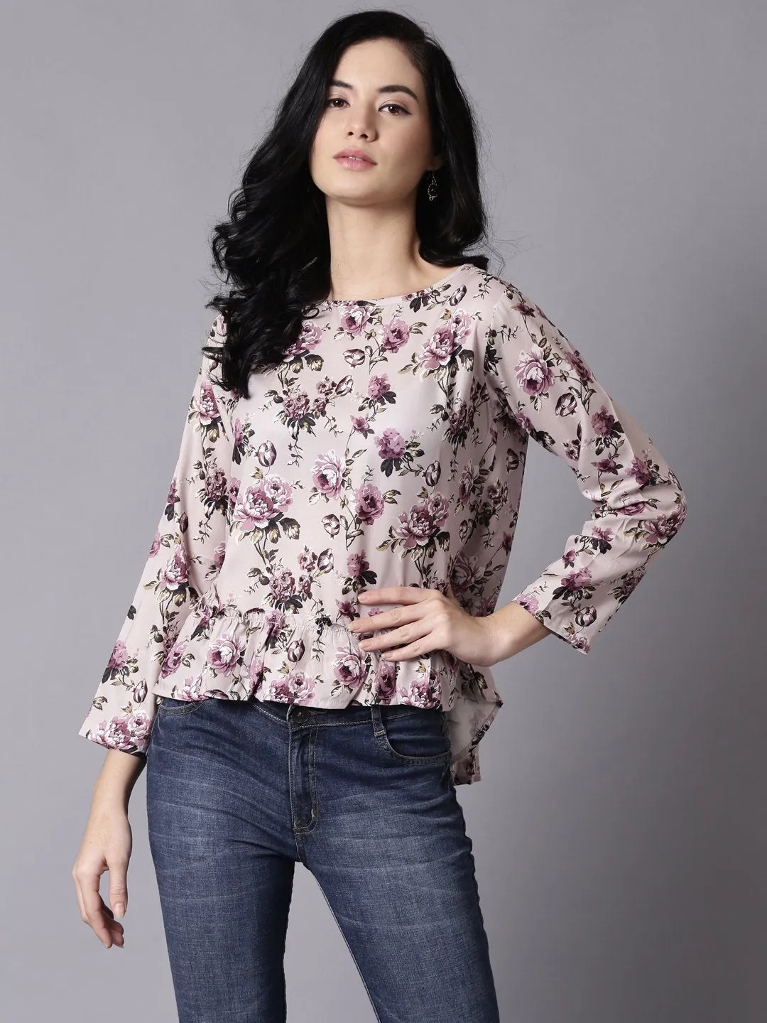 Women Beige Casual Printed Round Neck Top