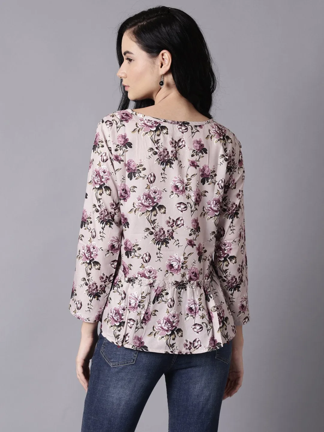 Women Beige Casual Printed Round Neck Top