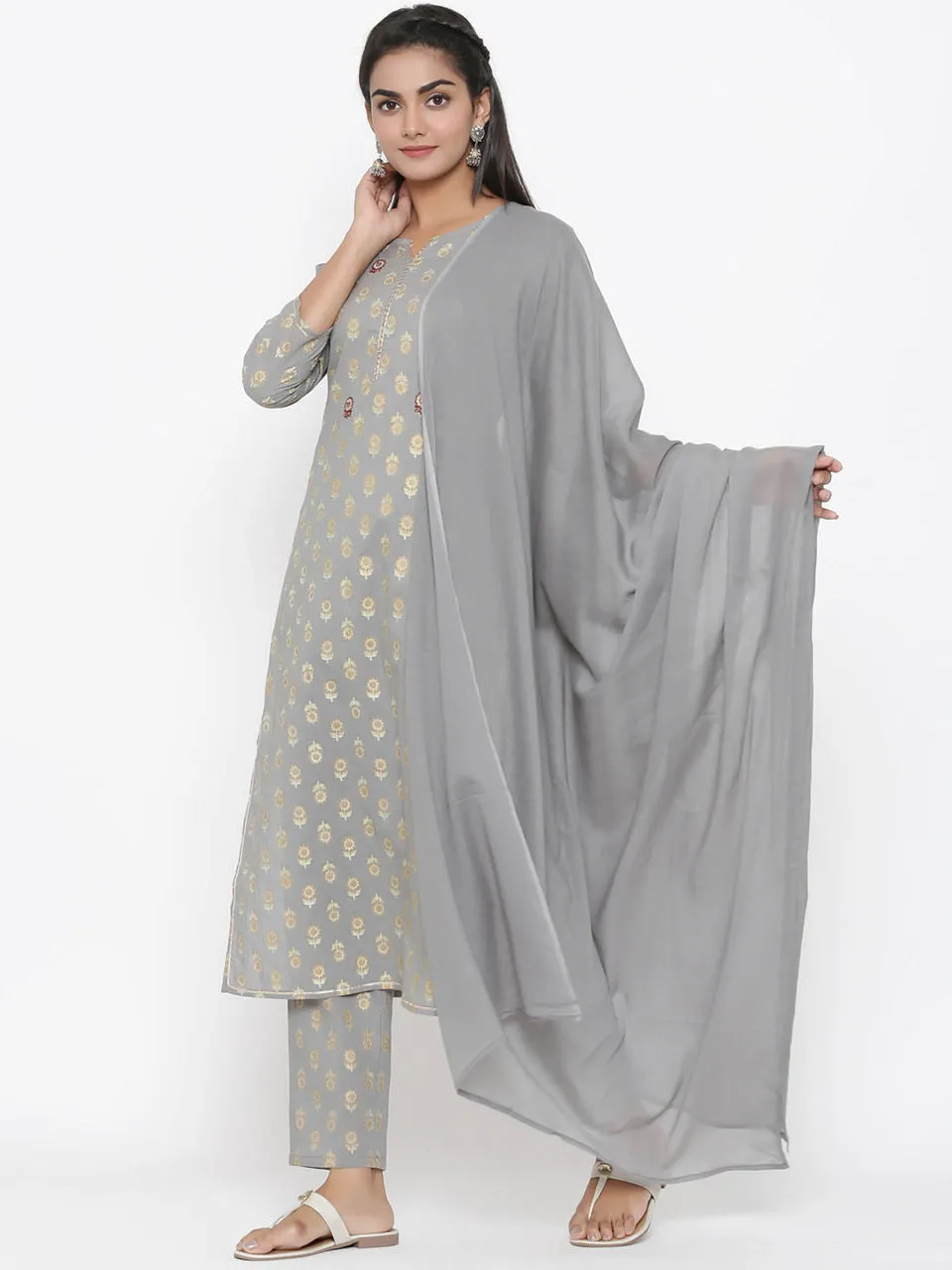 Women Grey Dupatta Embroidered Set
