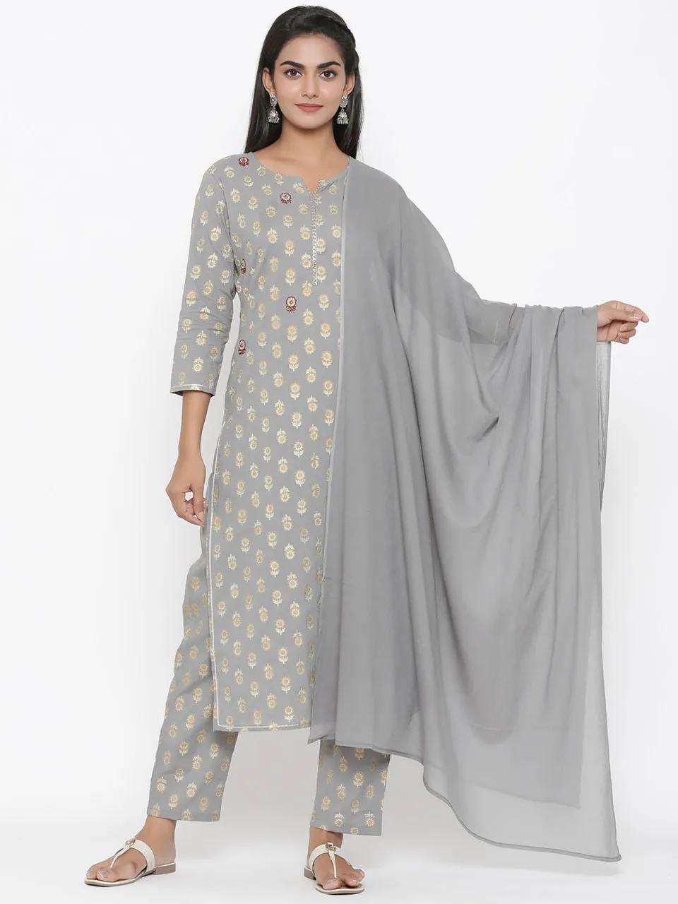 Women Grey Dupatta Embroidered Set