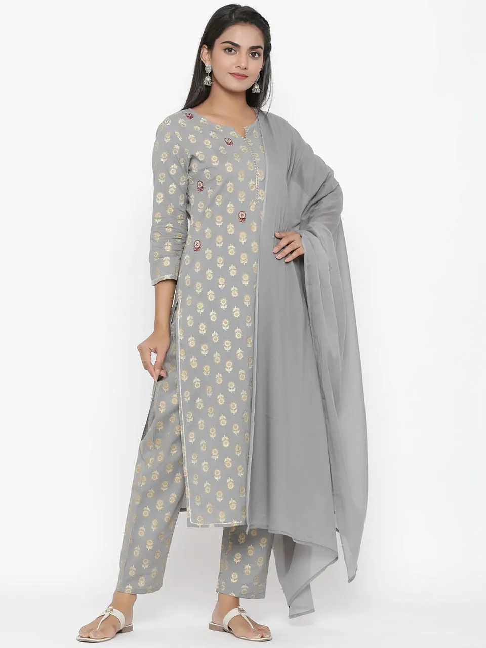 Women Grey Dupatta Embroidered Set