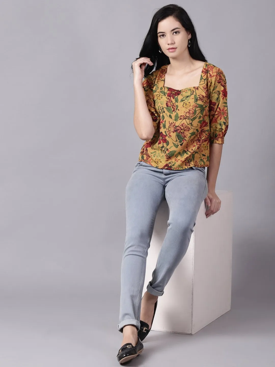 Women Mustard Yellow Casual Printed Square Neck Top