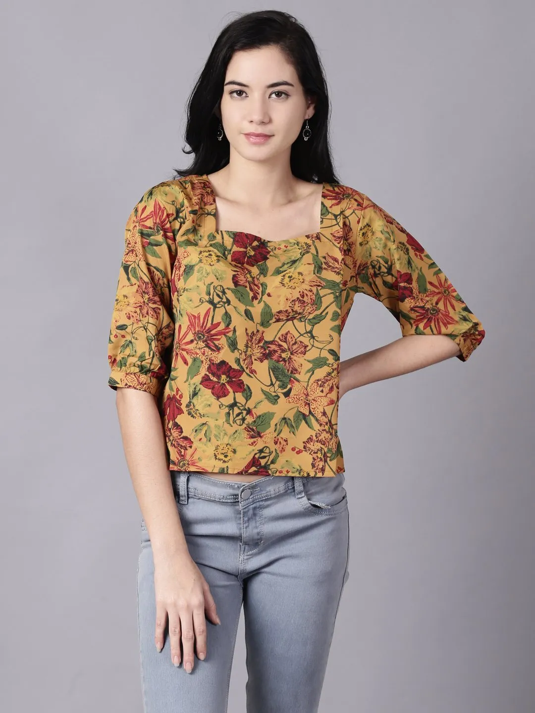 Women Mustard Yellow Casual Printed Square Neck Top