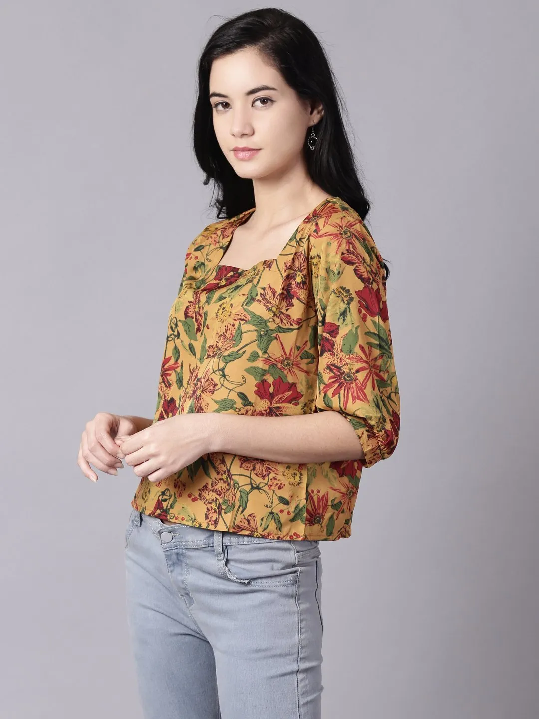 Women Mustard Yellow Casual Printed Square Neck Top