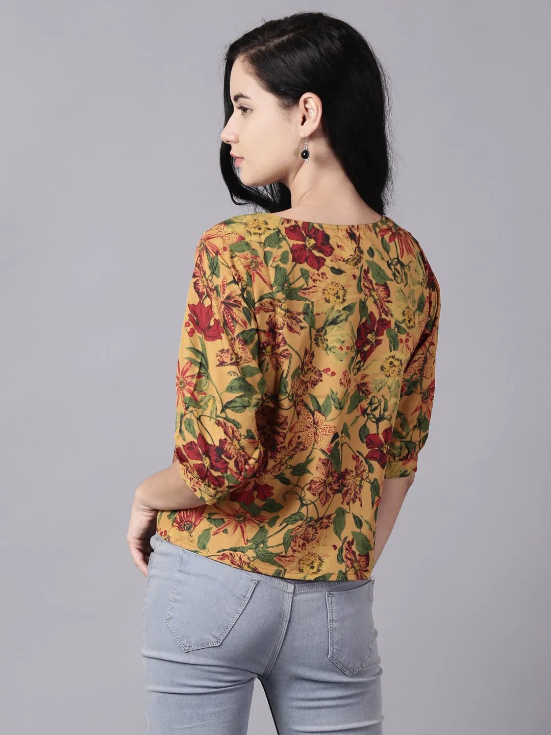 Women Mustard Yellow Casual Printed Square Neck Top