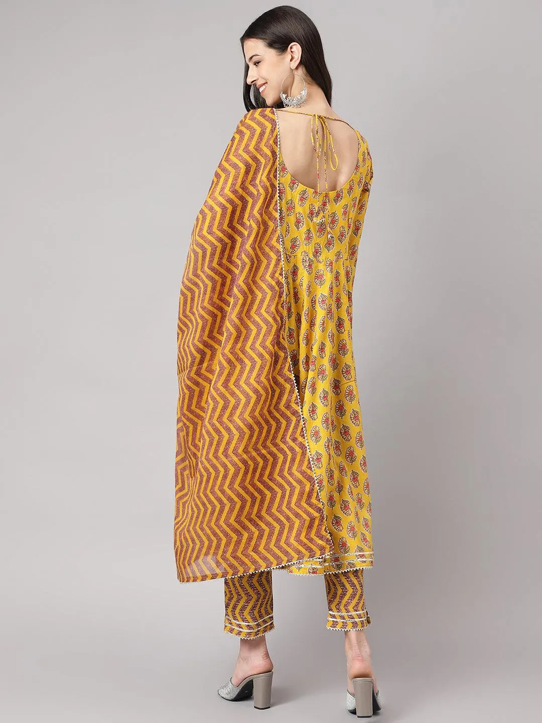 Yellow Cotton Anarkali Kurta Pant Set With Dupatta