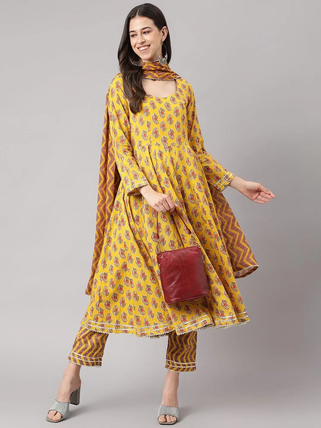 Yellow Cotton Anarkali Kurta Pant Set With Dupatta