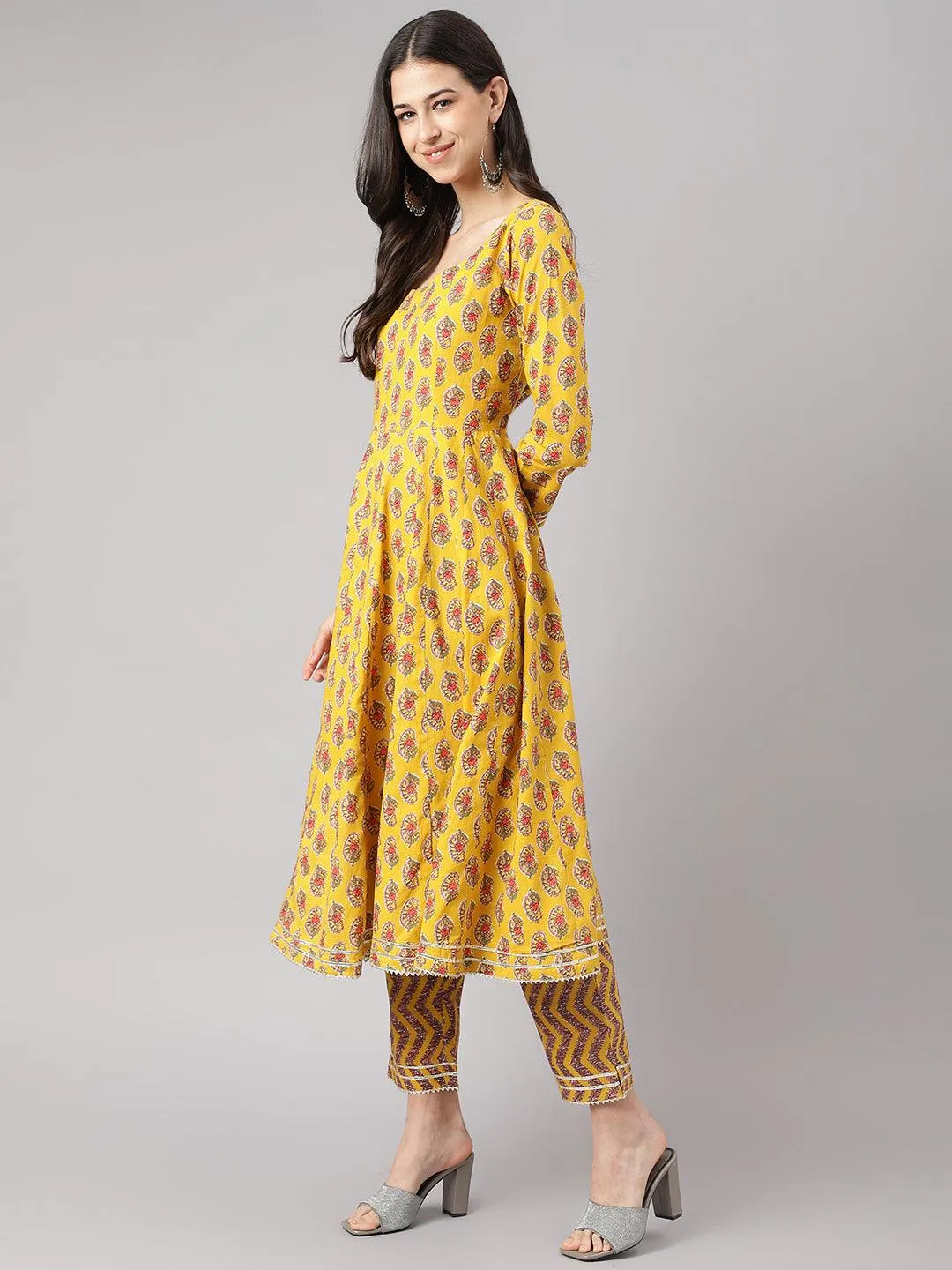 Yellow Cotton Anarkali Kurta Pant Set With Dupatta