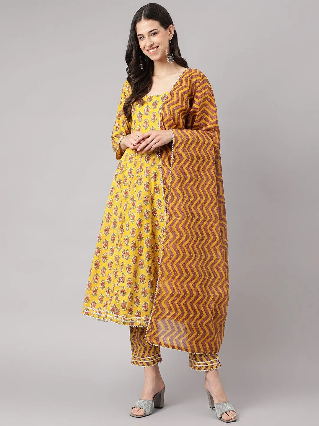 Yellow Cotton Anarkali Kurta Pant Set With Dupatta