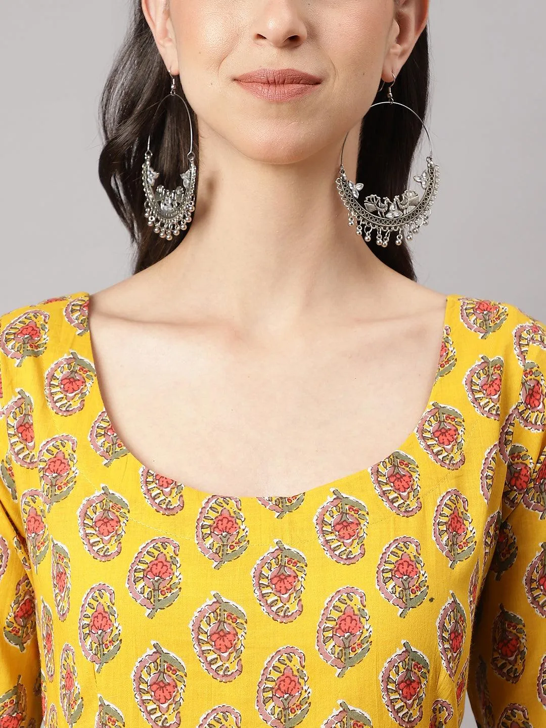 Yellow Cotton Anarkali Kurta Pant Set With Dupatta