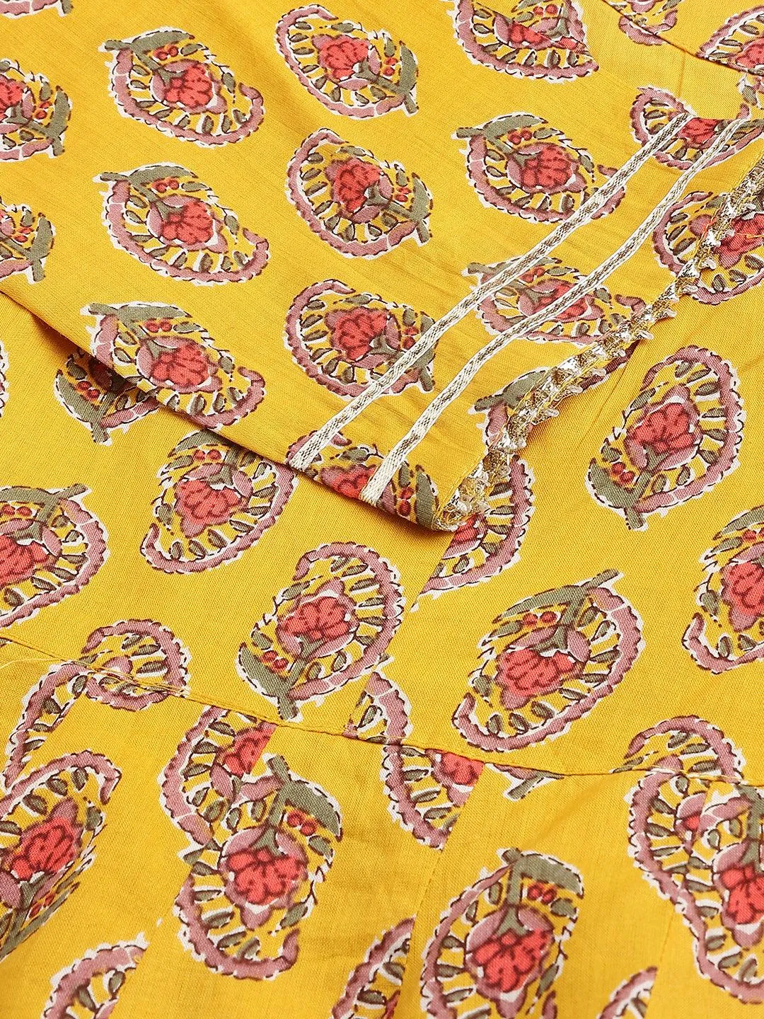 Yellow Cotton Anarkali Kurta Pant Set With Dupatta