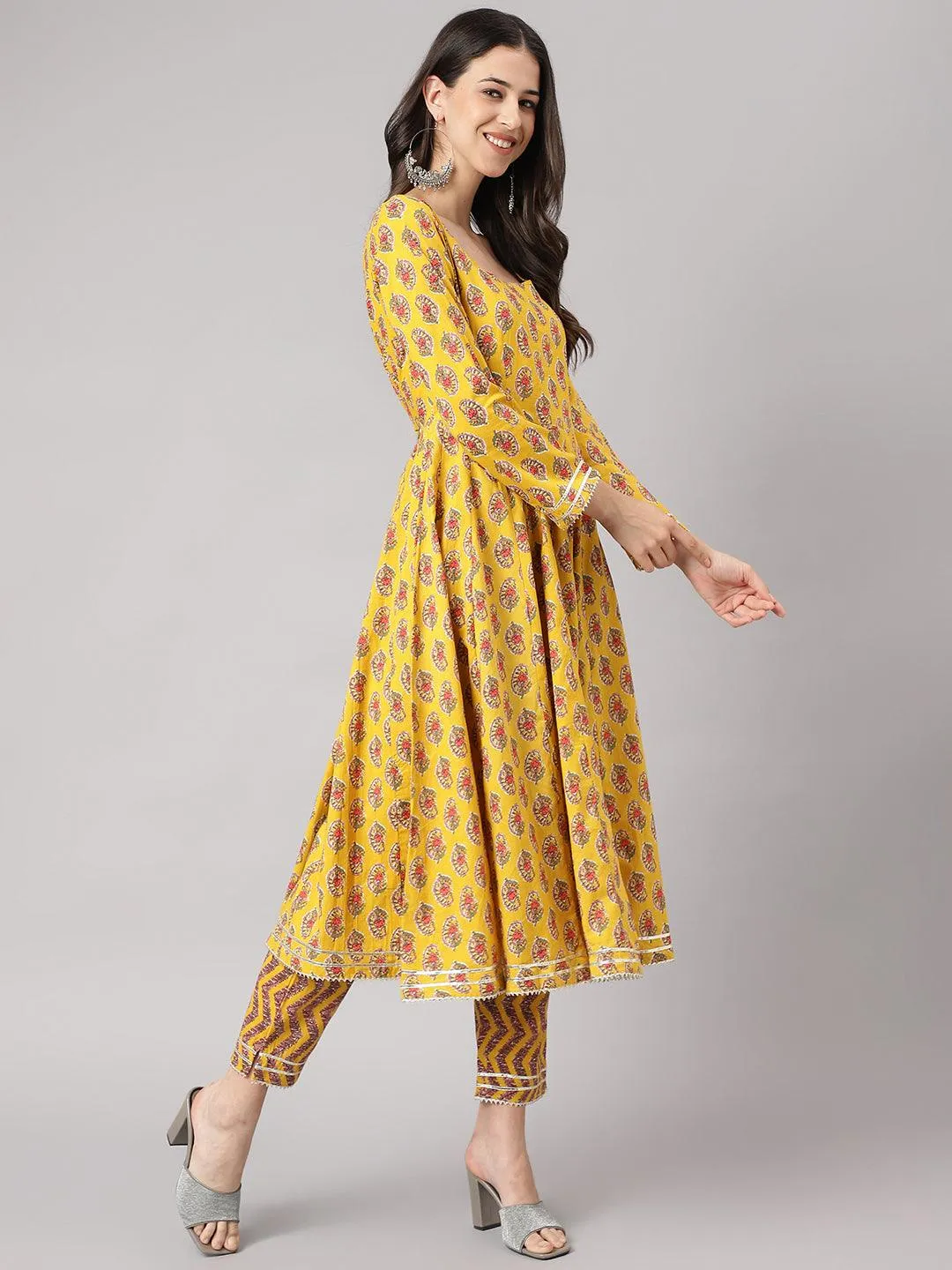 Yellow Cotton Anarkali Kurta Pant Set With Dupatta